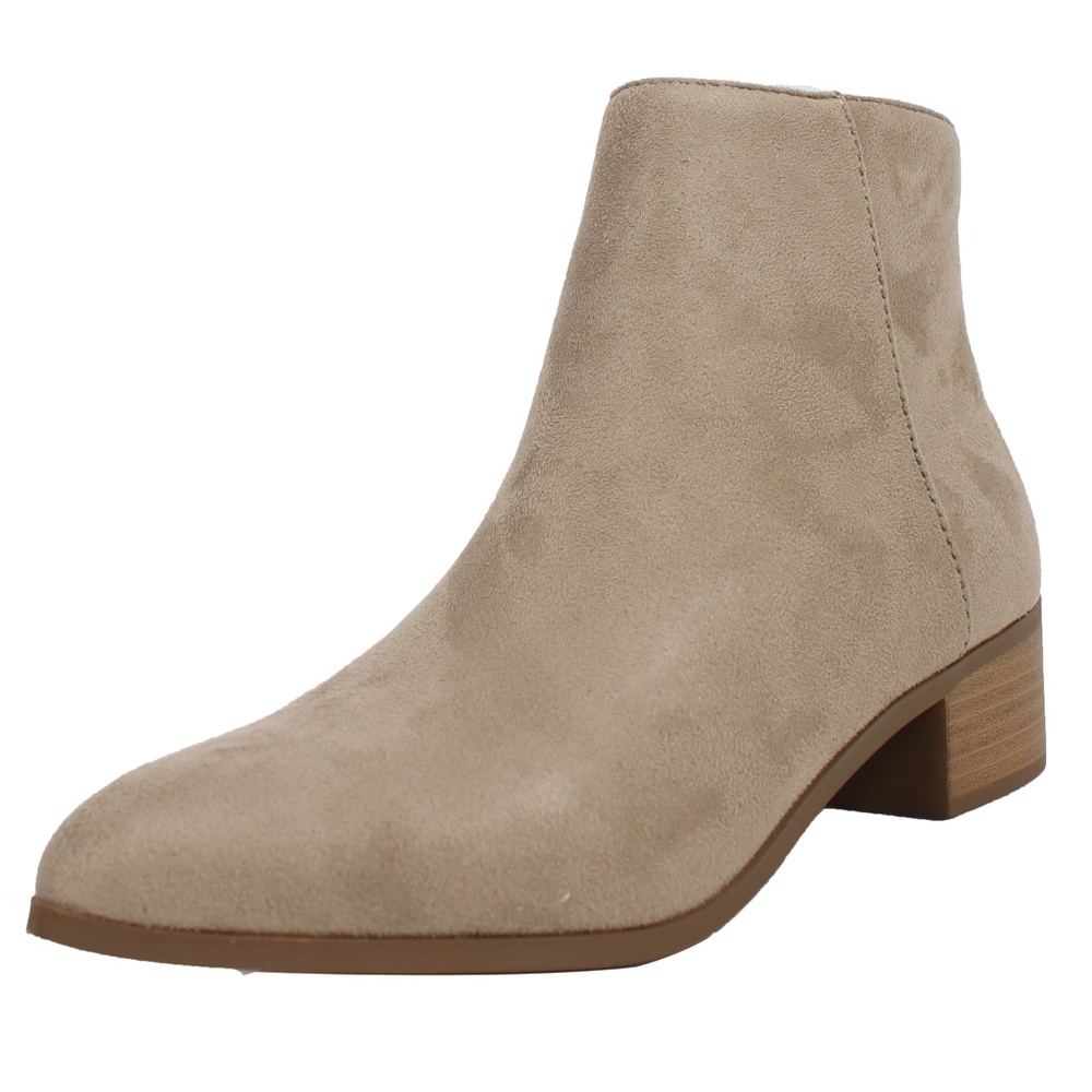 Clay Faux Suede Pointy Toe Low Stacked Heel Ankle Bootie